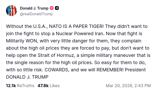 Donald Trump's post in which he calls the NATO allies cowards on his social media platform "Truth Social"